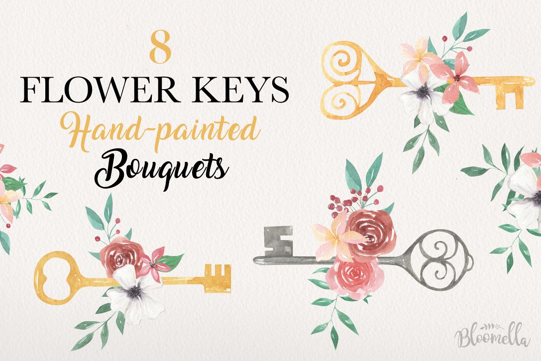 Flowers 8 Keys Bouquets Watercolor Floral Blooms Pretty example image 1