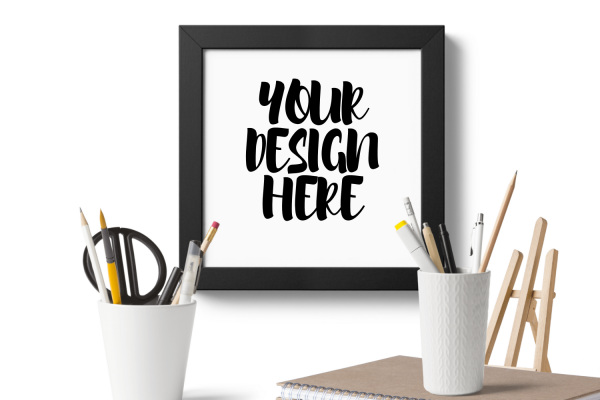 Wooden Square Frame Mockup With Stationary Scene example image 1