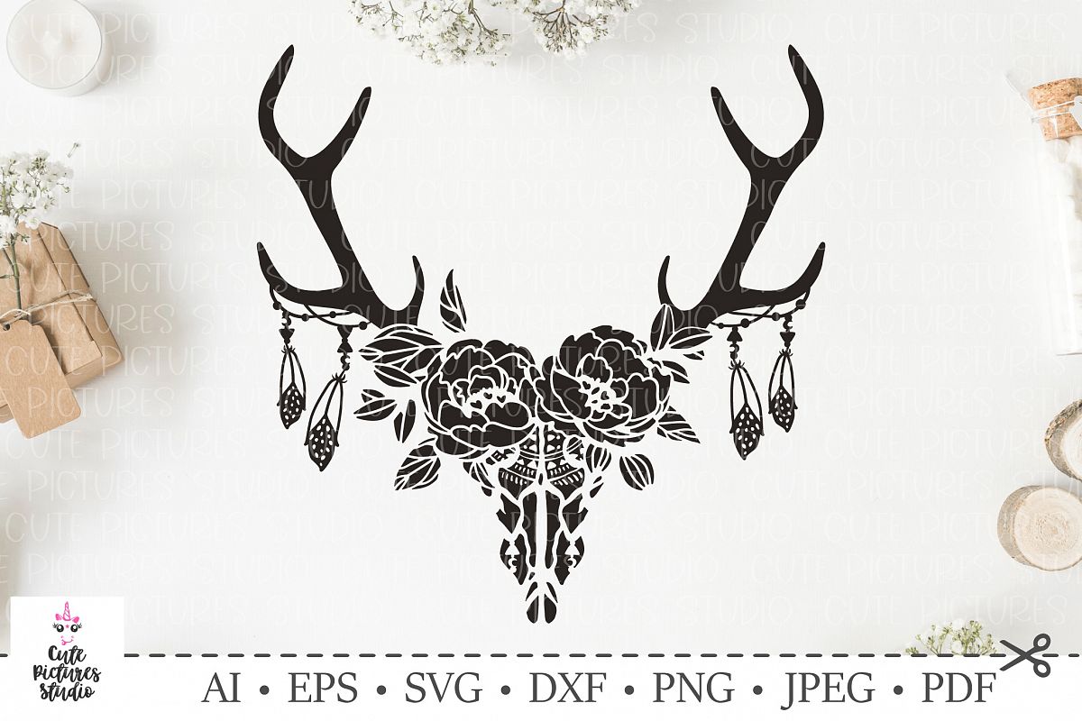 Download Skull of deer with a wreath of flowers and leaves. SVG cut.