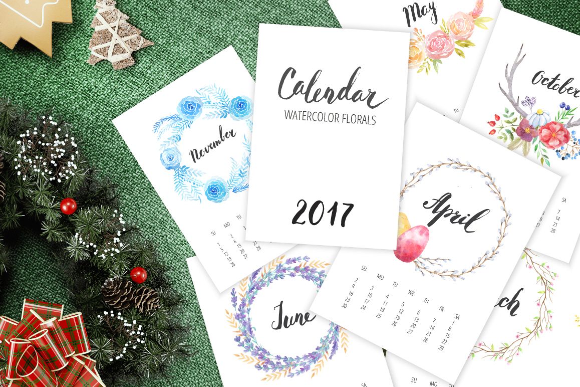 Watercolor Calendar 2017 Template example image 1