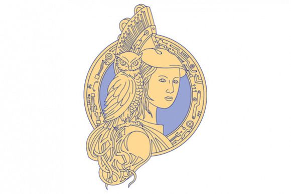 Athena with Owl on Shoulder Circuit Circle Mono Line example image 1