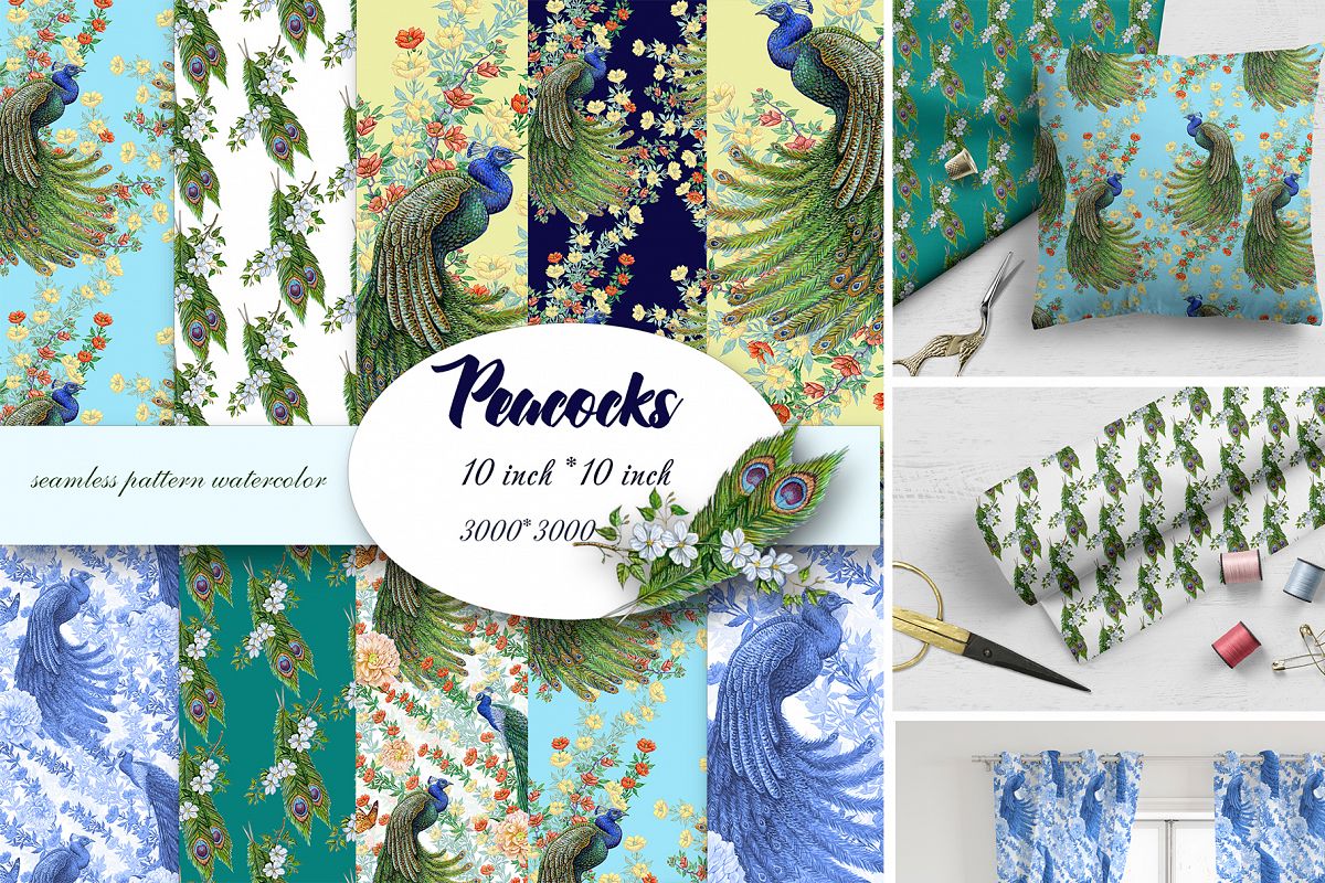 Seamless Pattern Peacocks example image 1