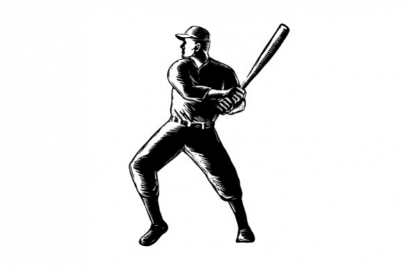 Baseball Player Batting Woodcut Black and White example image 1