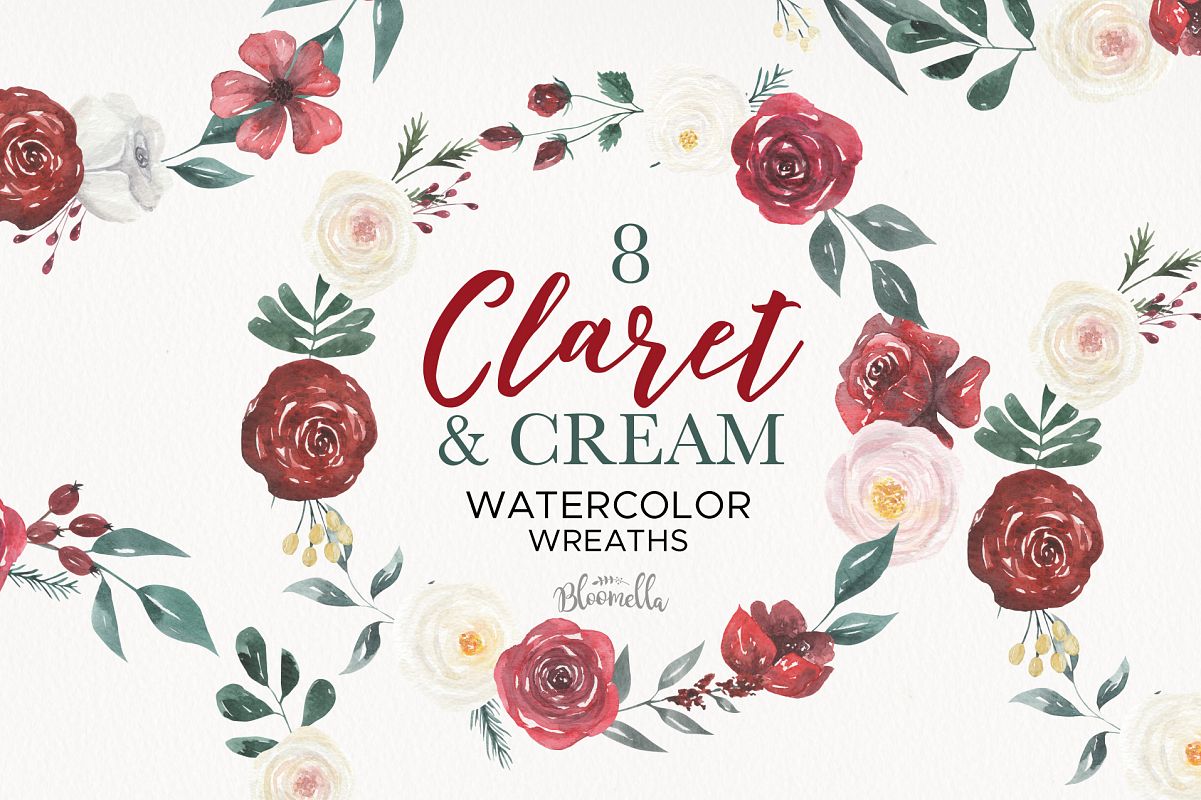 Claret Cream Red Roses Watercolor Floral Wreaths 8 Wedding example image 1
