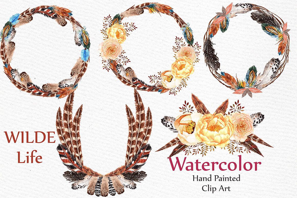 Watercolor feather wreaths clipart example image 1