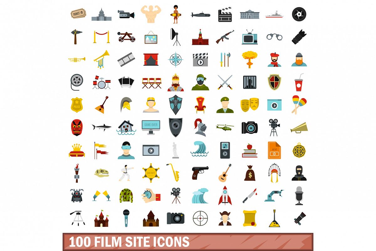 100 film site icons set, flat style example image 1