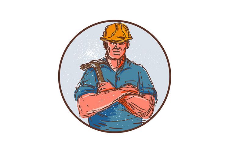 Builder Arms Crossed Hammer Circle Drawing example image 1