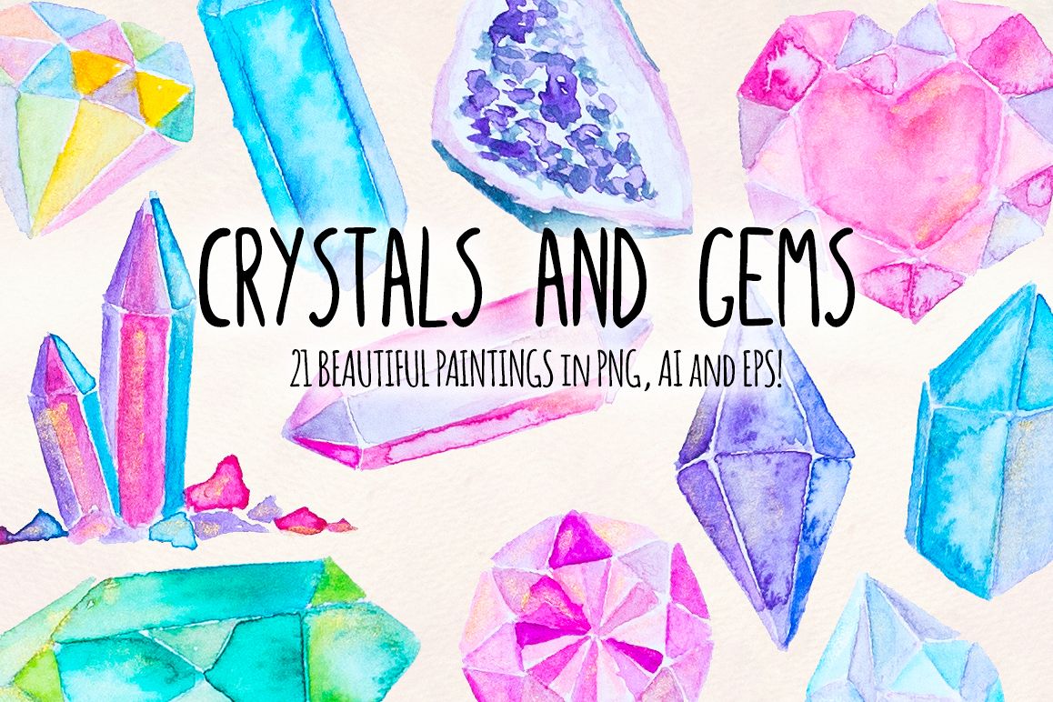 21 Crystal Gems Hand Painted Mystical Watercolor Vectors example image 1