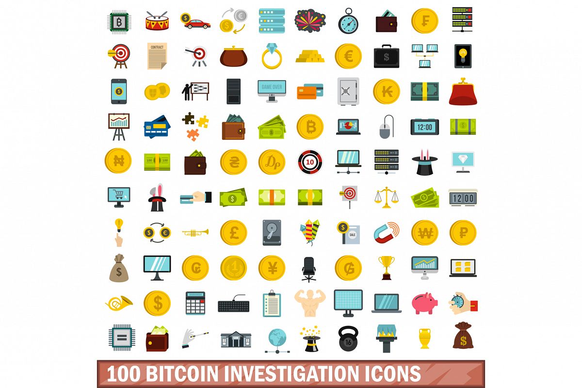 100 bitcoin investigation icons set, flat style example image 1