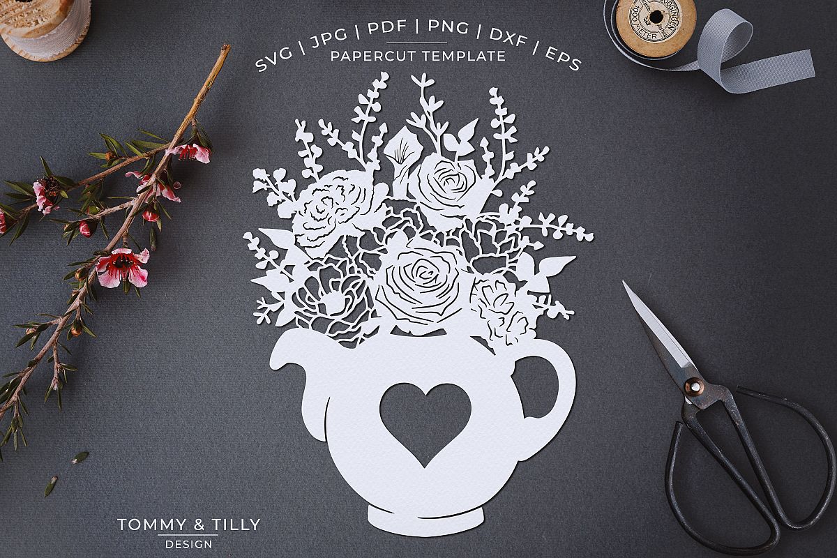 Romantic Floral Tea Pot - Papercut Template SVG JPG PNG example image 1