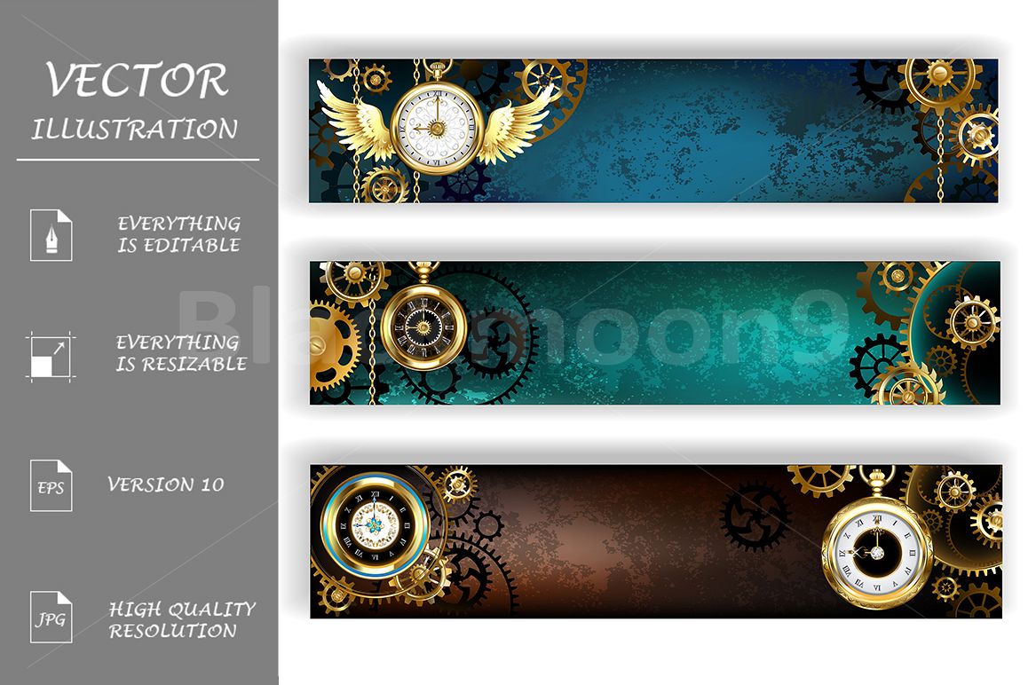Three Banners with Clock Steampunk example image 1