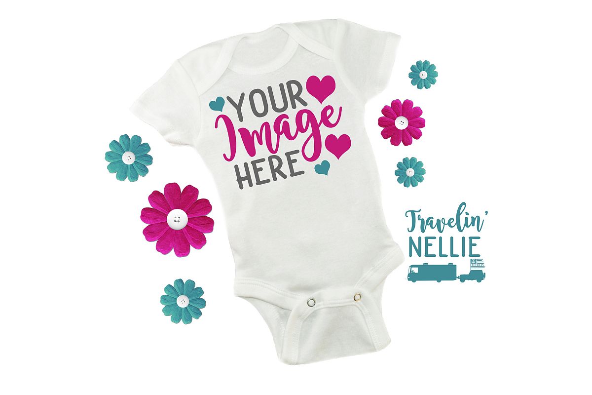 White Bodysuit Mockup Flat Lay Baby Girl Spring Mock Up Cute example image 1