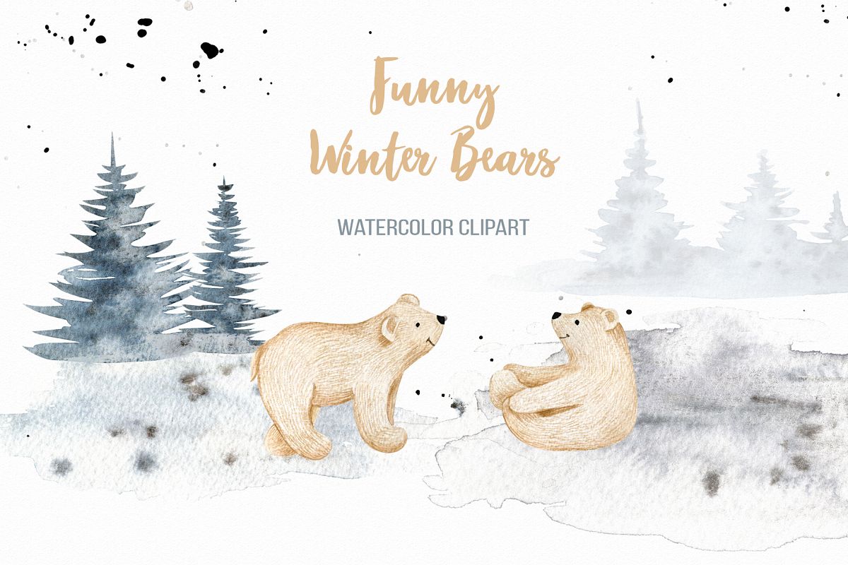 Funny Winter Bears Christmas tree and mountain clipart example image 1