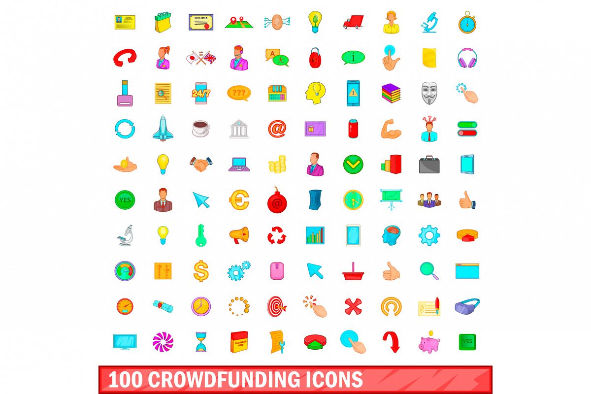 100 crowdfunding icons set, cartoon style example image 1