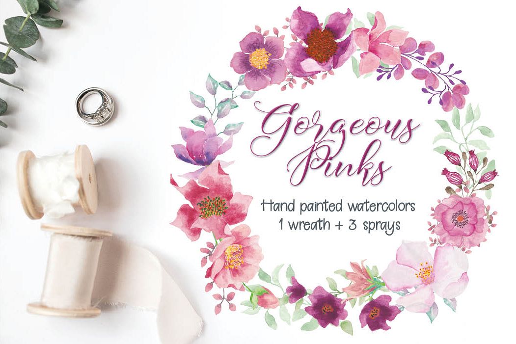 Watercolor wreath and sprays in pinky shades example image 1