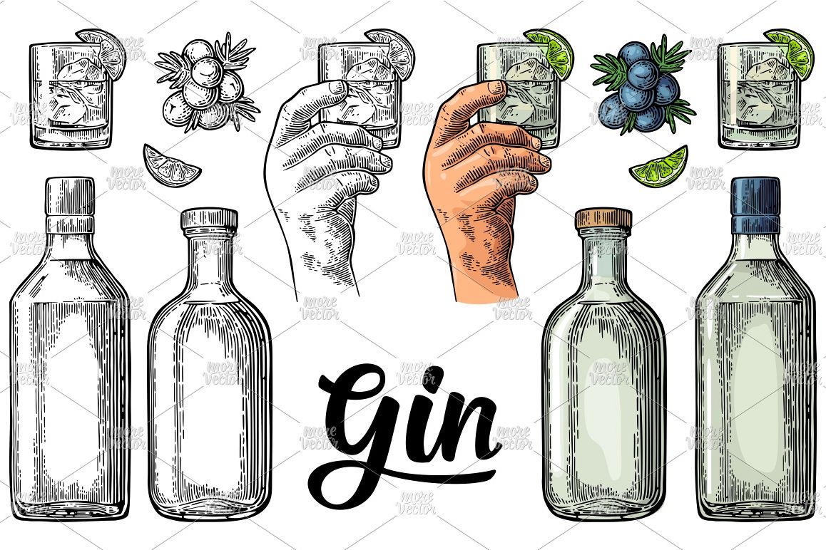 Glass, bottle gin, branch juniper with berries engraving example image 1