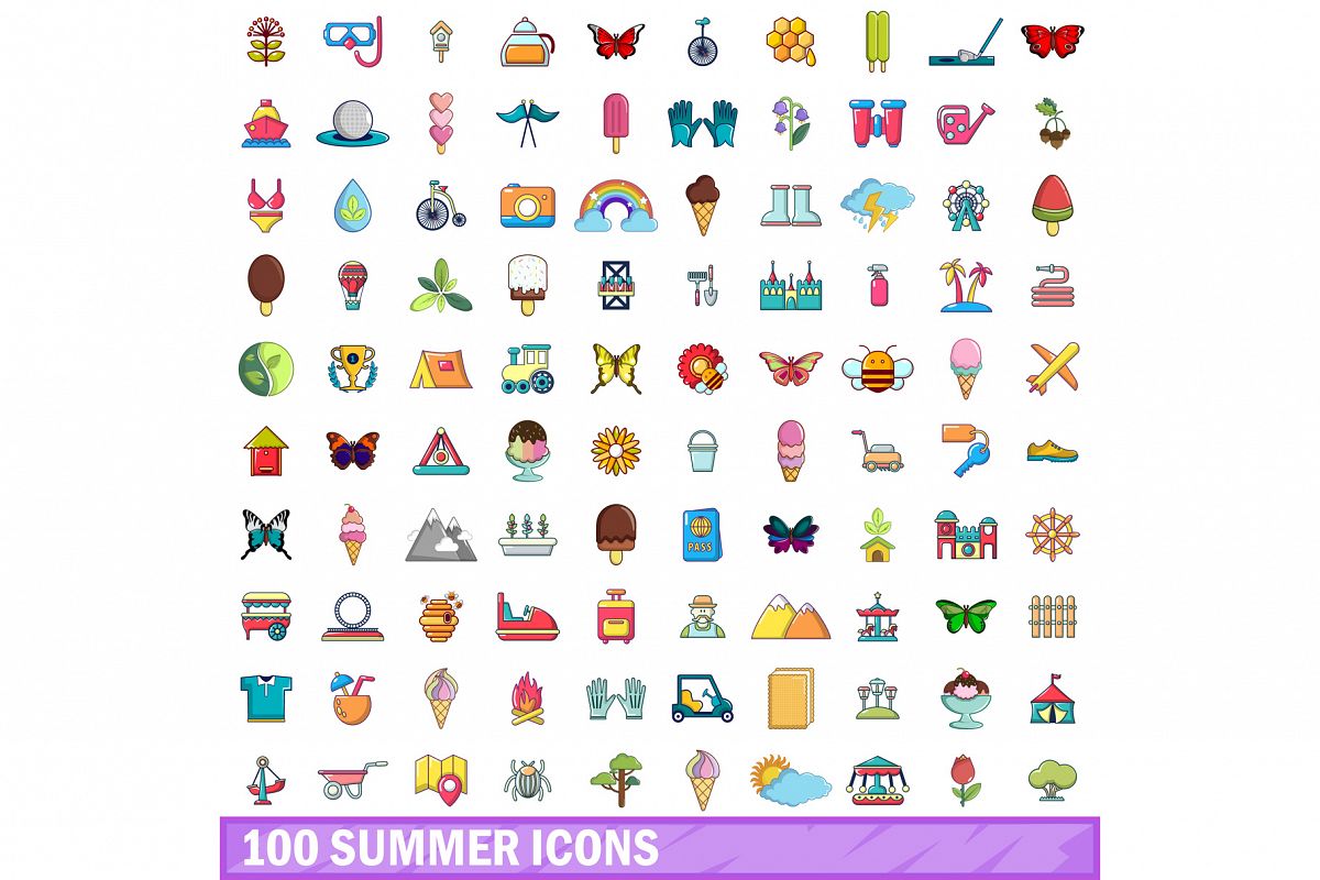 100 summer icons set, cartoon style example image 1