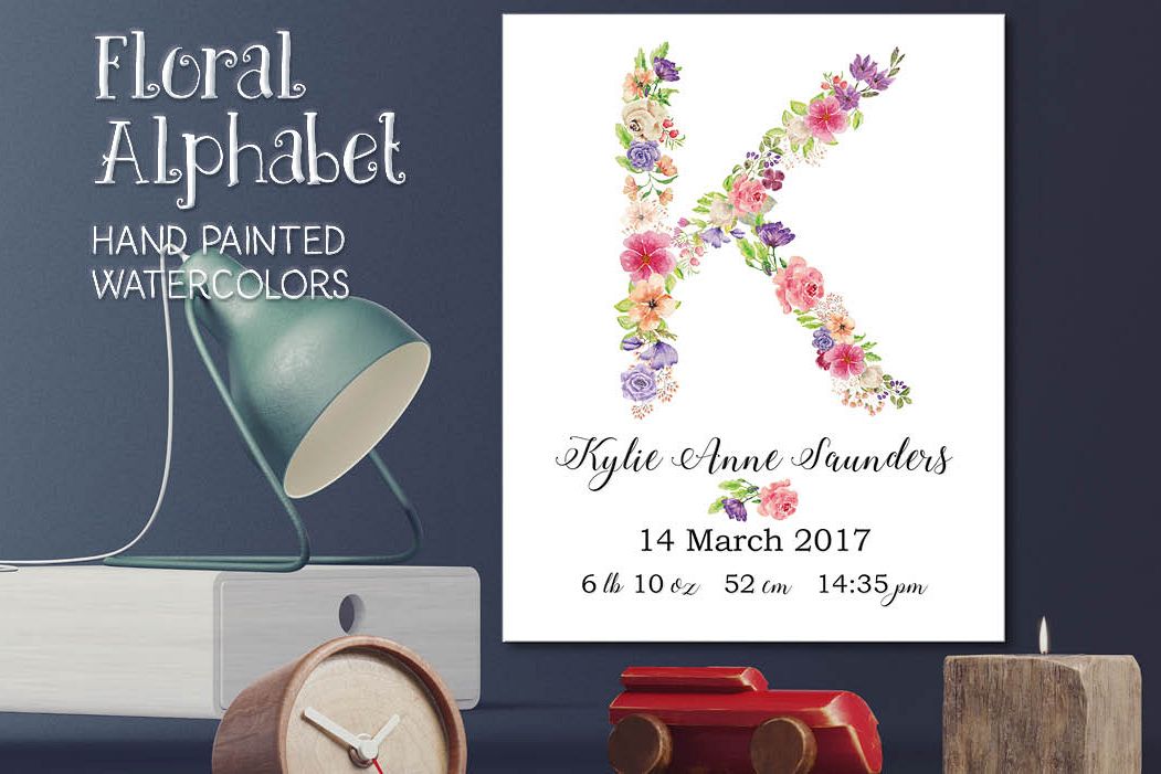 Complete alphabet in mixed watercolor flowers example image 1