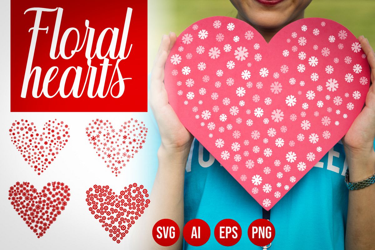 Set of 4 Flower Hearts Shape SVG, Floral Hearts AI, EPS example image 1