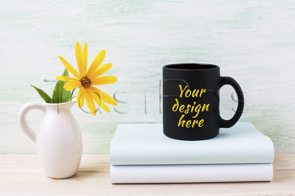 Black coffee mug mockup with yellow rosinweed flowers in pitcher example image 1