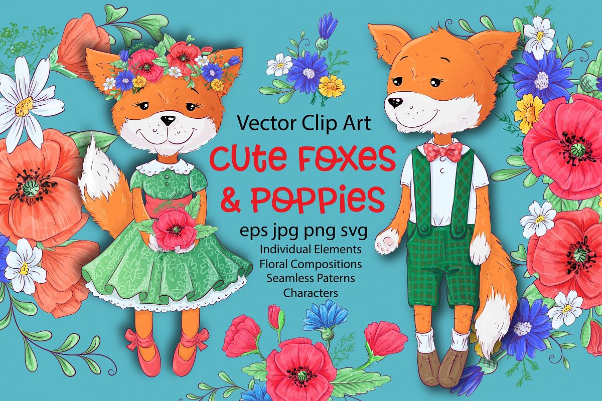 Cute Foxes and poppies - vector clip art example image 1