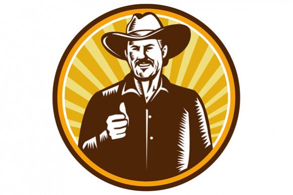 Cowboy Thumbs Up Sunburst Circle Woodcut example image 1