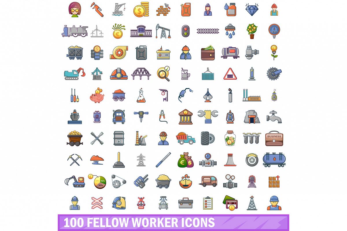 100 fellow worker icons set, cartoon style example image 1
