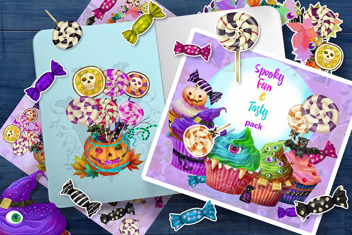 Cute Halloween monster sweets clipart set with wreath example image 1