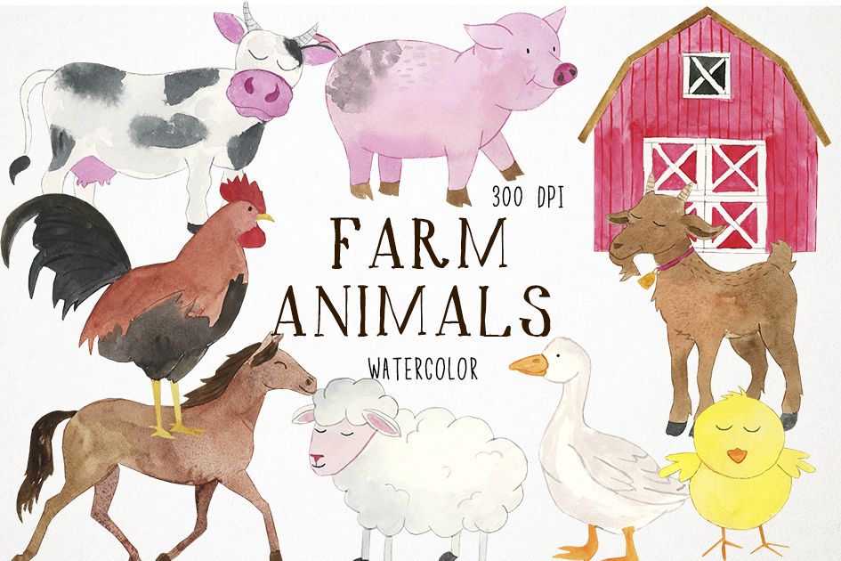 Watercolor Farm Animals Clipart, Farmyard Clipart, Animals example image 1