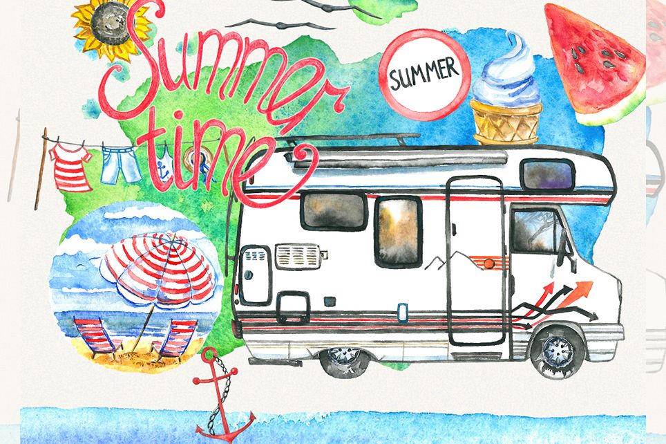 Summer clipart, sea clipart, travel clipart, watercolor example image 1