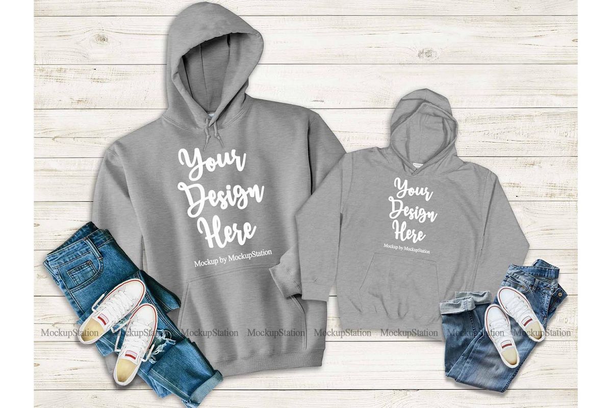 Download Mommy And Me Gray Hoodie Mockup, Matching Family Hoodies (352730) | Mock Ups | Design Bundles