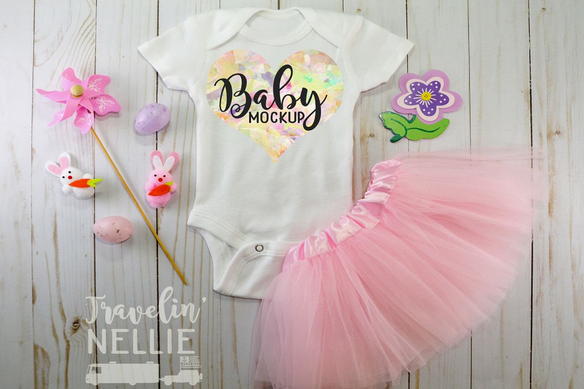 Baby Girl Easter Spring White Blank Bodysuit Mockup Flat Lay example image 1