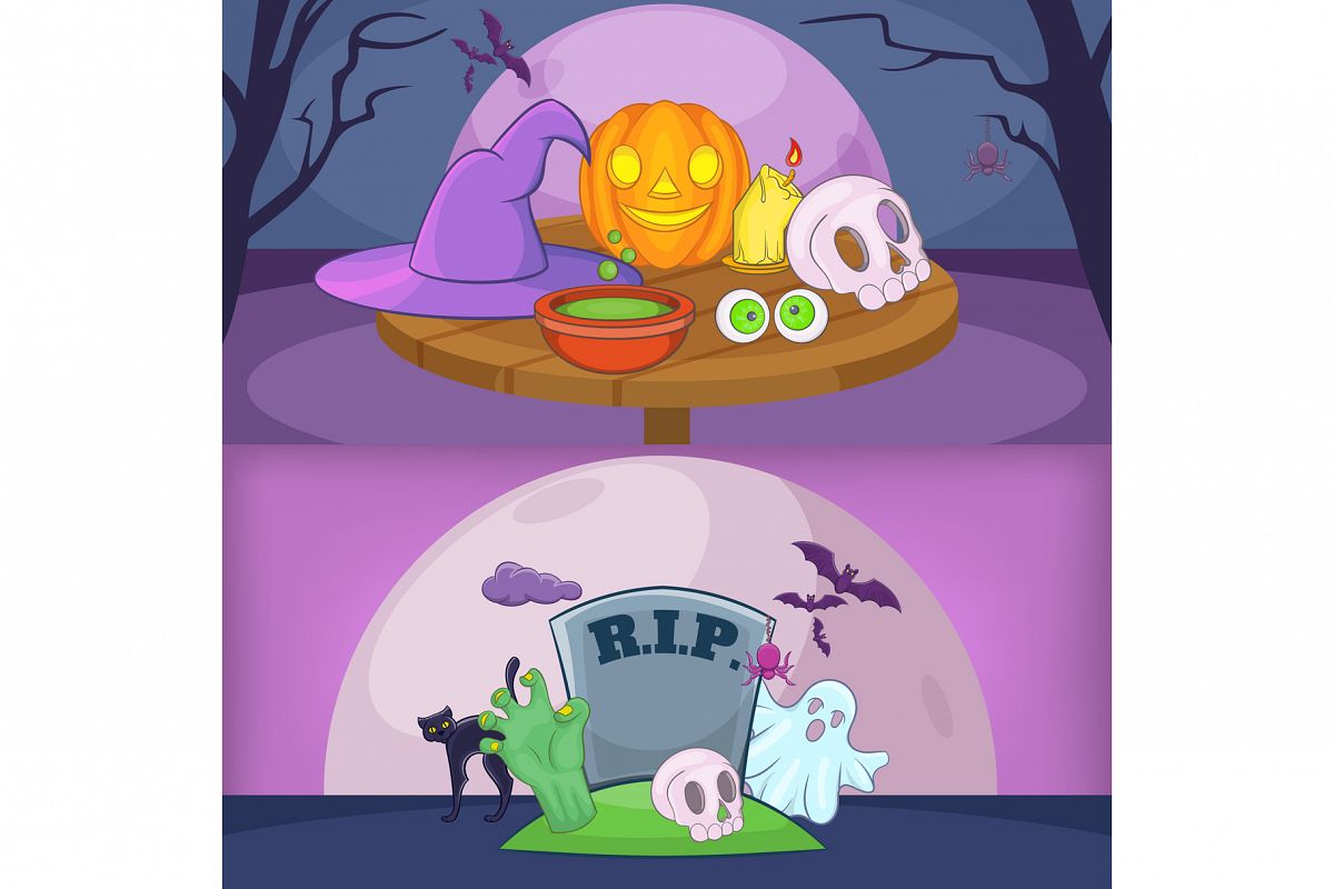 Happy halloween banner backgrouns set, cartoon example image 1