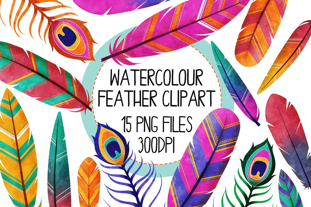 Watercolor Bright Feather Clip Art Set 1 example image 1