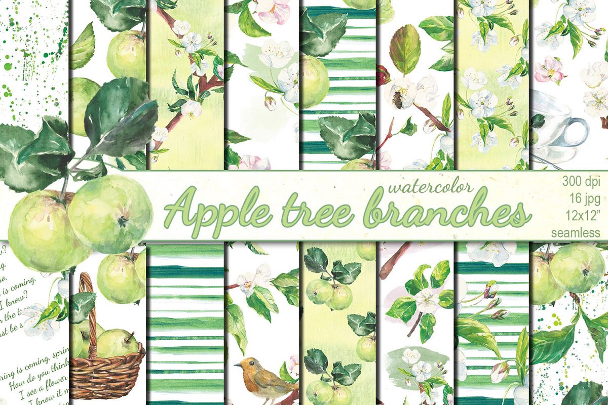 Watercolor Apple tree branches seamless patterns example image 1