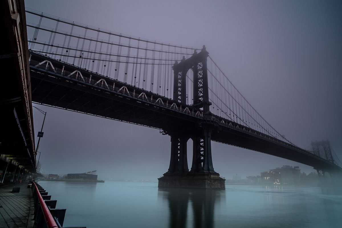 Manhattan bridge on a foggy morning example image 1