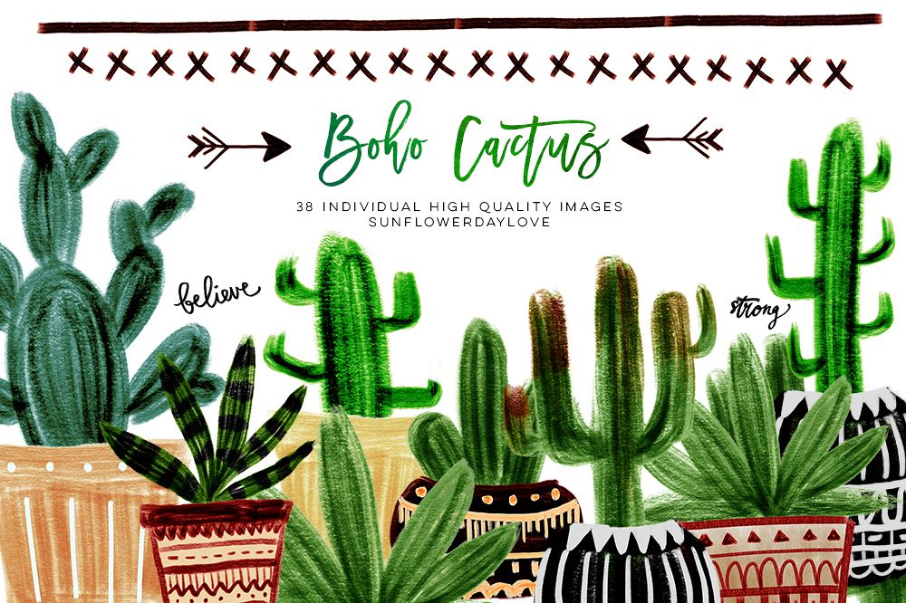 Boho Cactus Clipart, Watercolor Boho Clipart example image 1