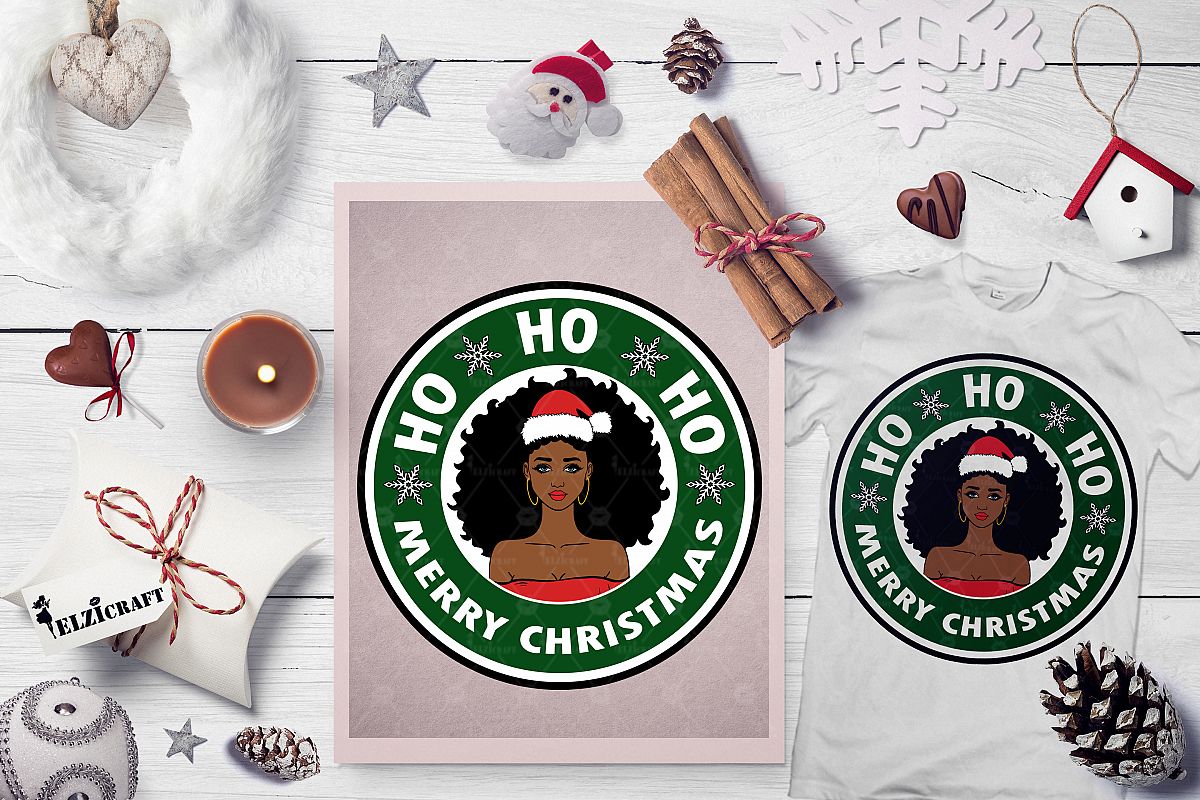 Ho ho ho Merry Christmas, Afro Girl, Santa Hat SVG Cut File example image 1