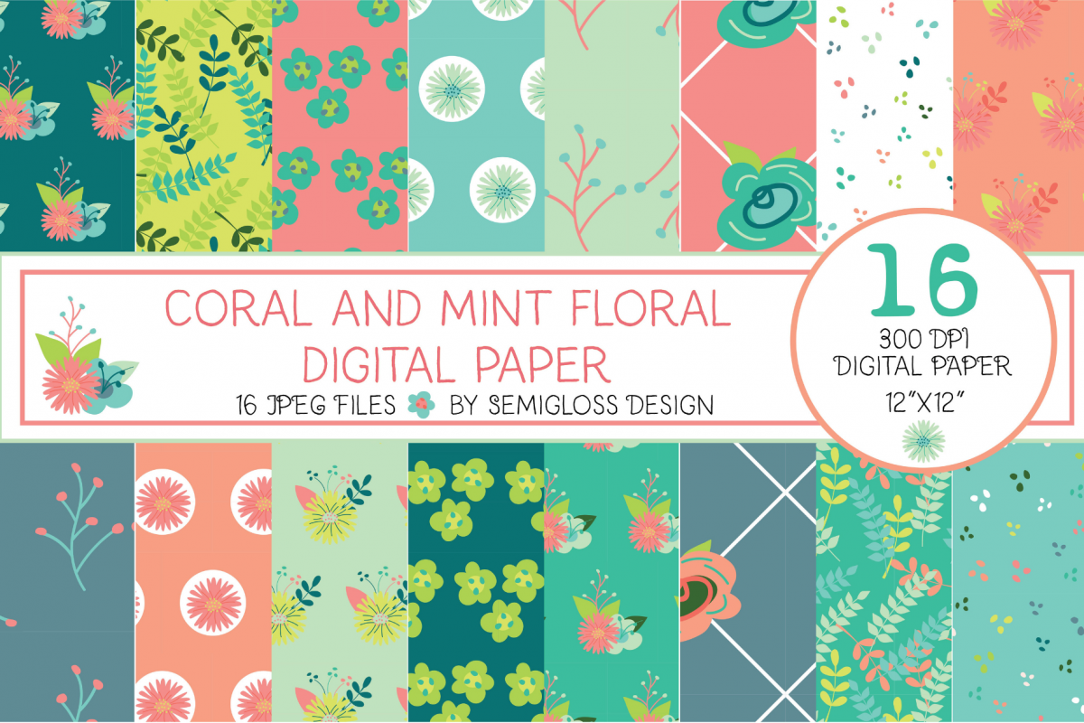 Coral and Mint Floral Digital Paper example image 1