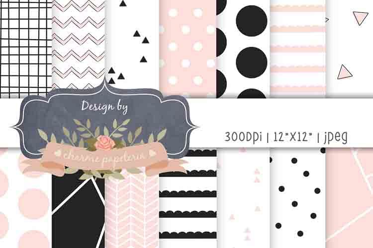 Pink and black geometric digital paper, Baby shower paper example image 1
