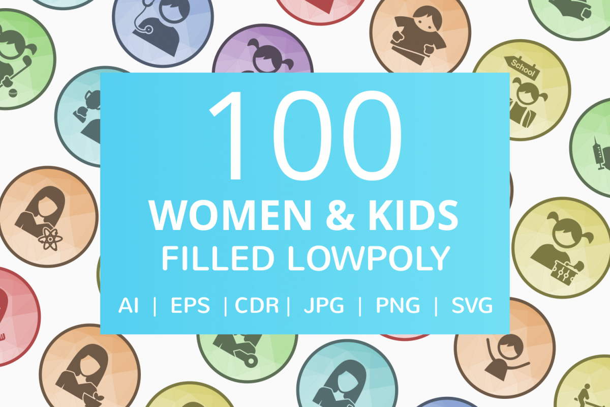 100 Women & Kids Filled Low Poly Icons example image 1