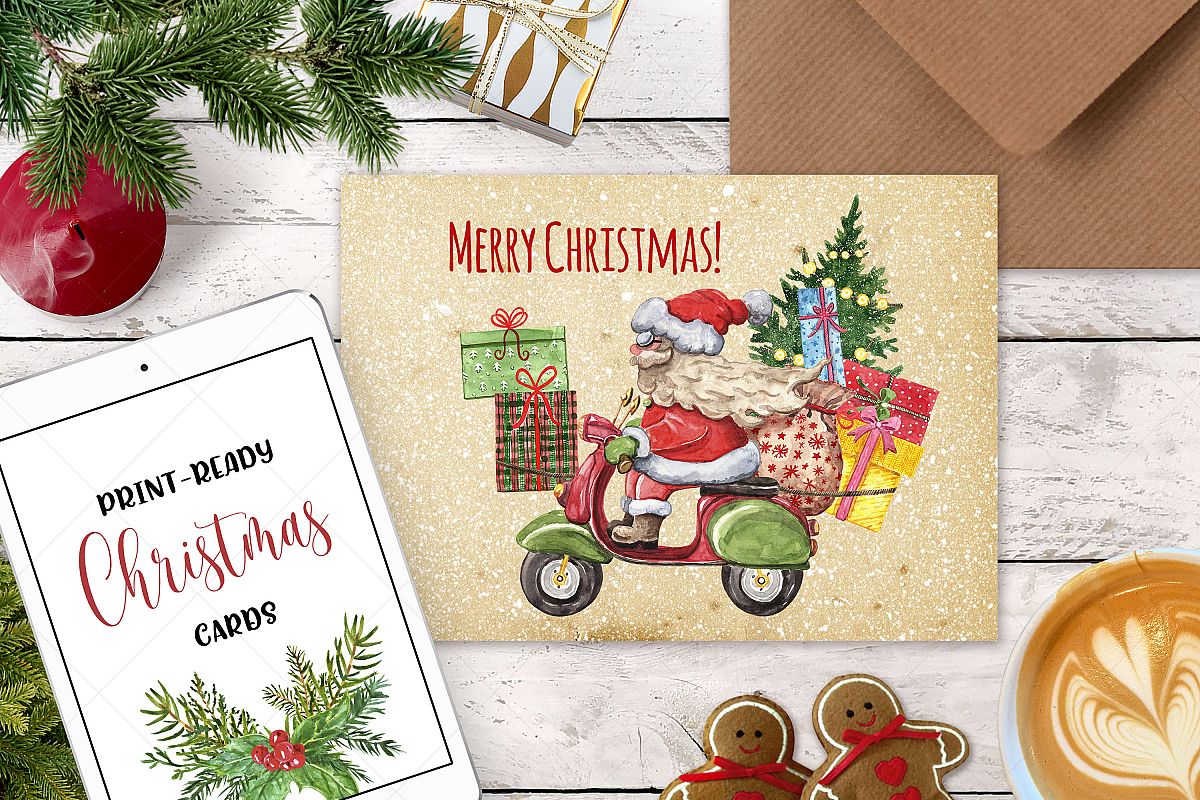 Watercolor Christmas Card Clip Art Holiday Card Set template example image 1
