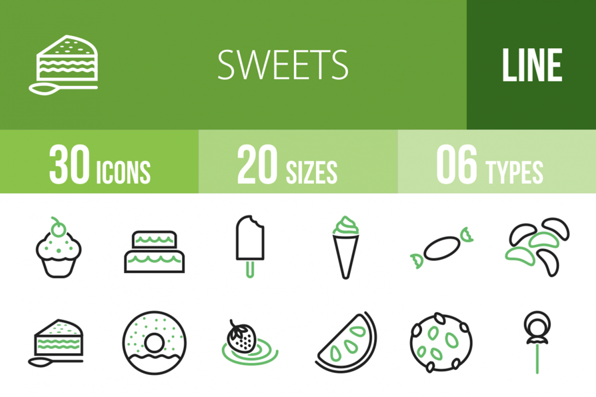30 Sweets & Confectionery Line Green & Black Icons example image 1