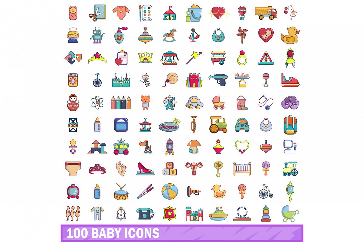 100 baby icons set, cartoon style example image 1