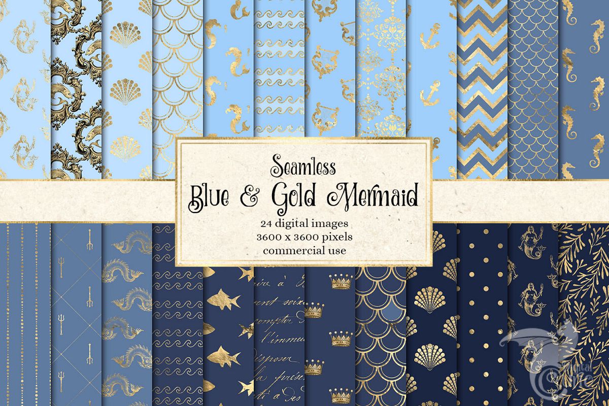 Blue and Gold Mermaid Digital Paper example image 1