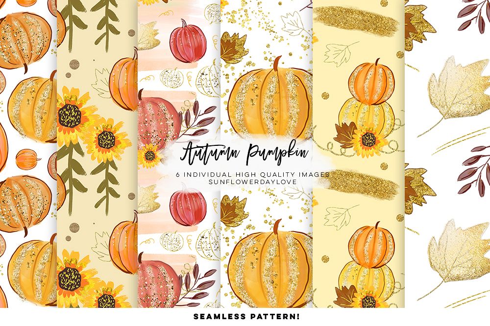 pumpkin pattern digital paper, autumn leaves digital paper example image 1