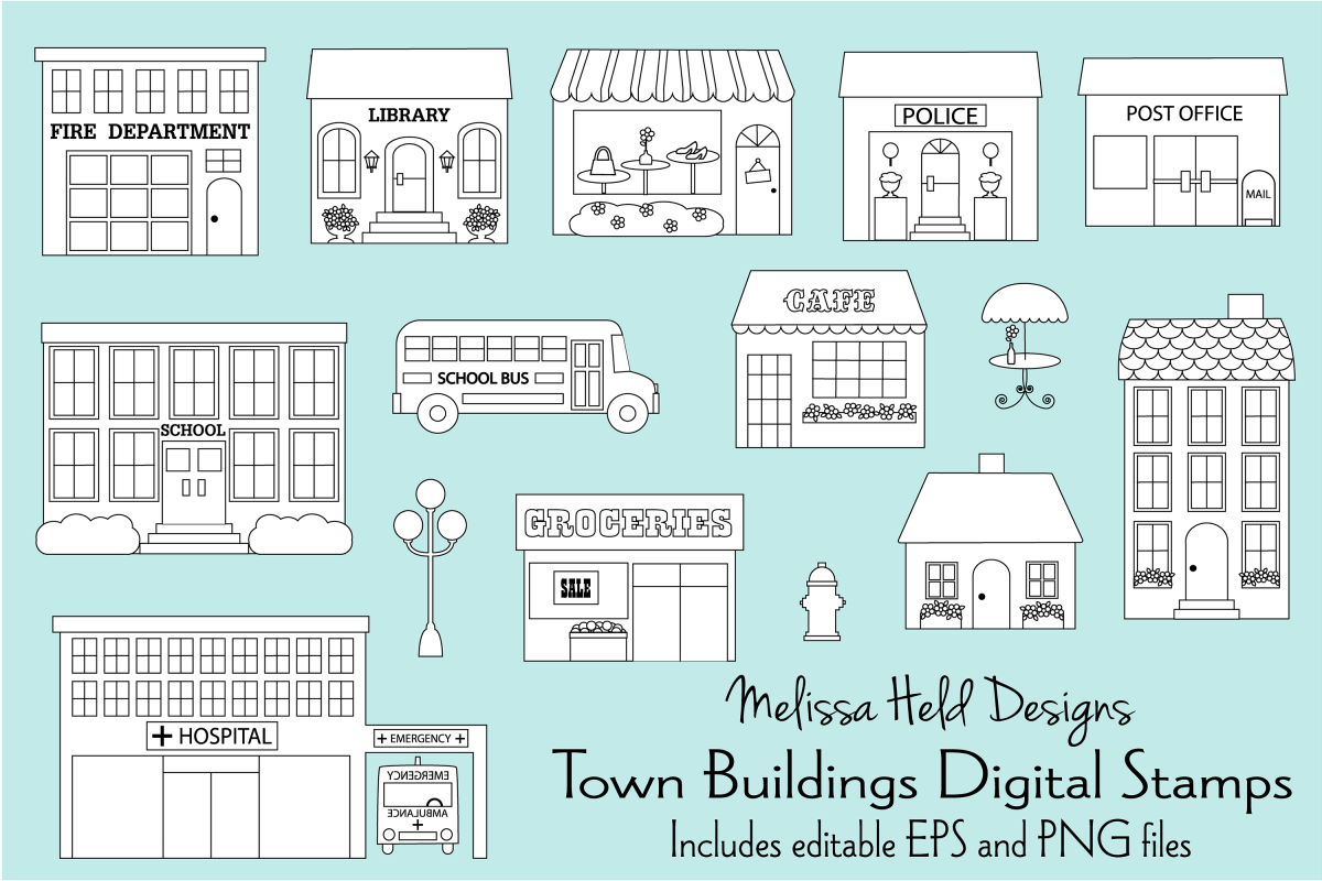 Town Buildings Digital Stamps Clipart example image 1