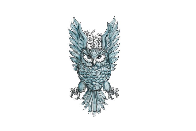 Owl Swooping Wings Clock Gears Tattoo example image 1