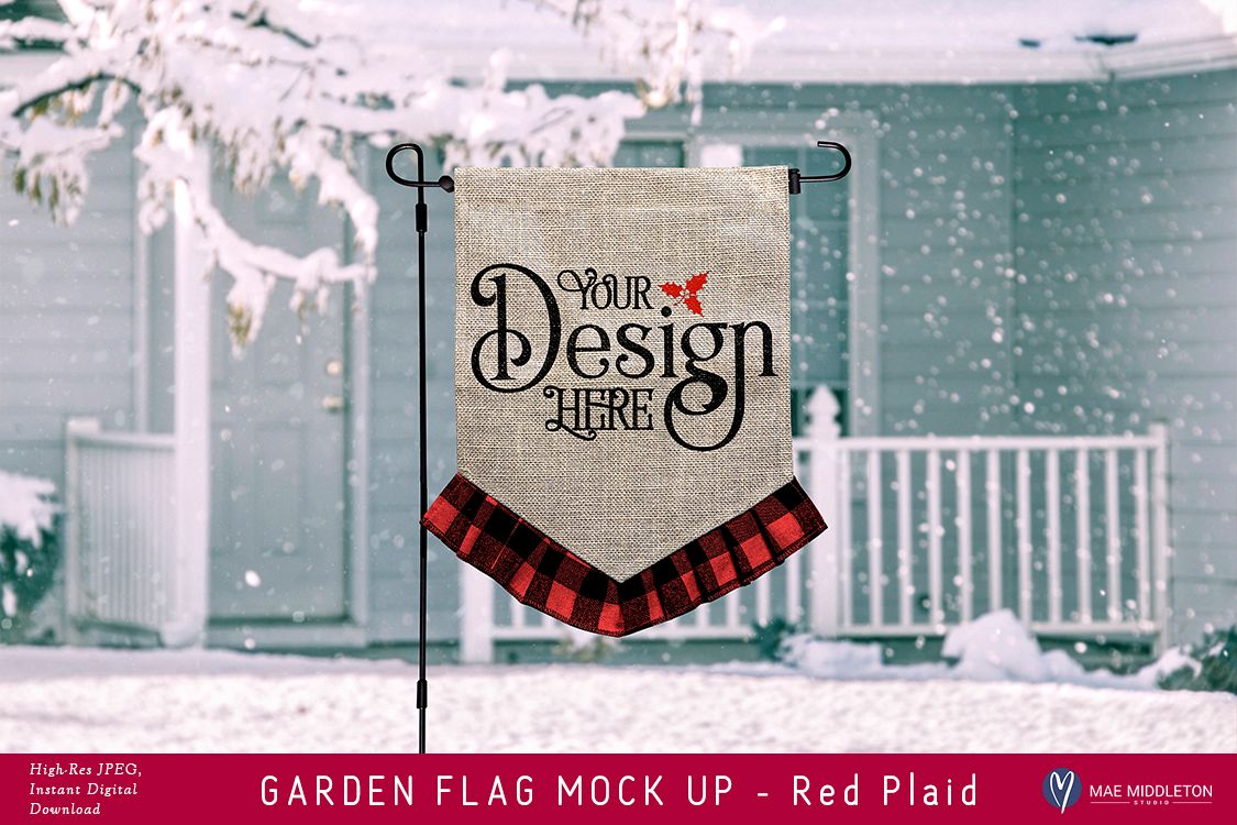 Download Garden Flag mock up for winter, Christmas, Red Plaid