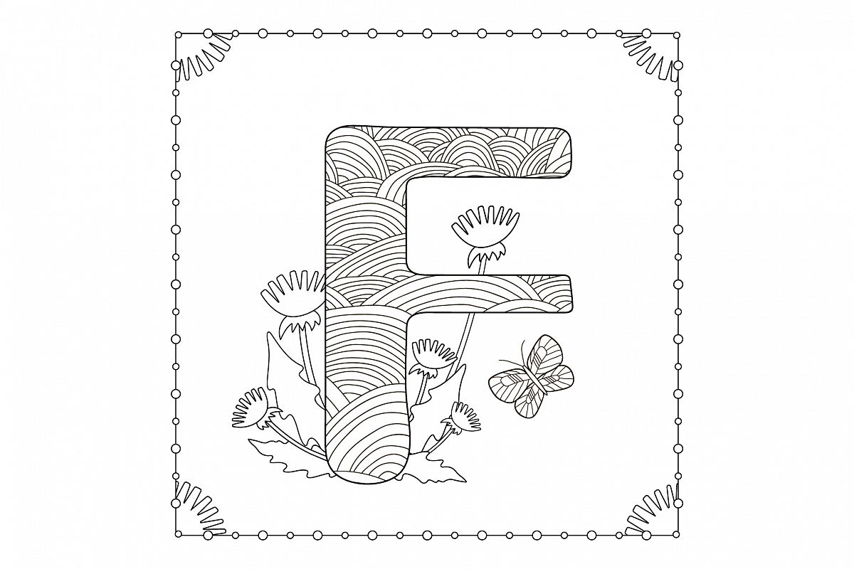 Letter F. Flowers. Coloring page. example image 1